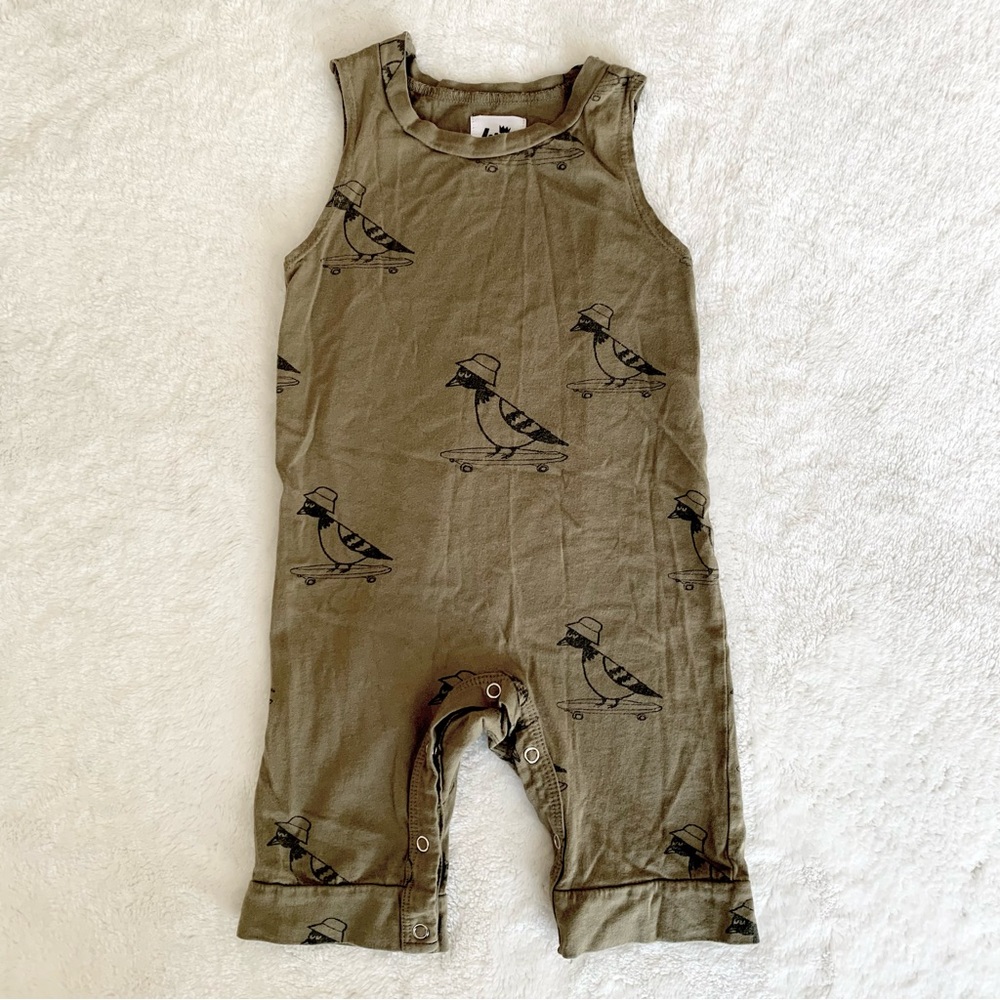 Kira Sleeveless Romper in Olive Green Organic Cotton. Size 6-12M